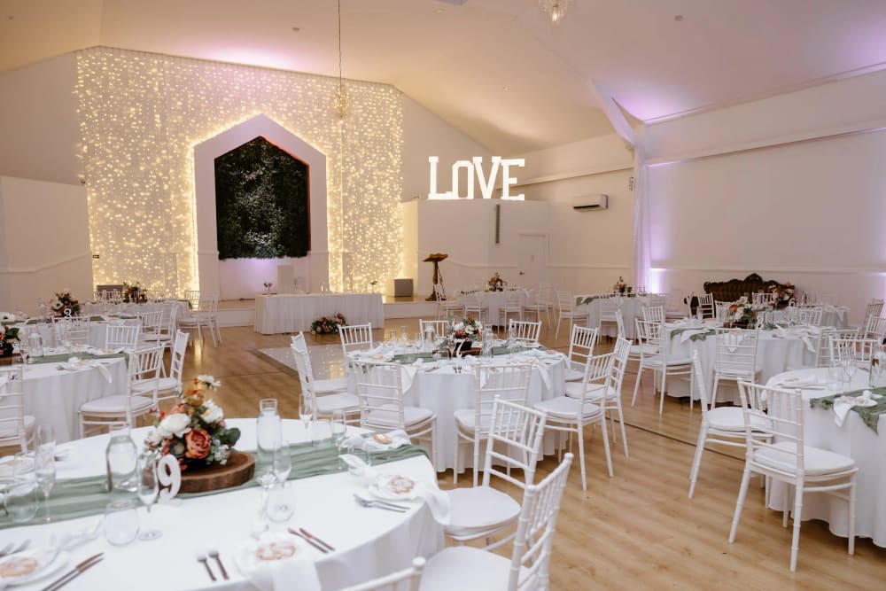 The Galaxy Ballroom at Shambala Estate set for a wedding reception